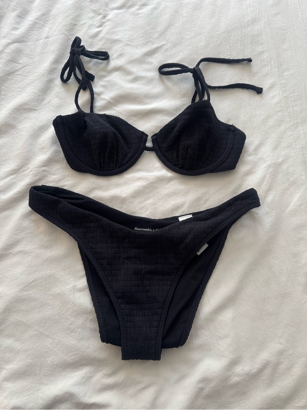 Abercrombie & Fitch Black Ribbed Underwire Bikini Set with Tie Straps